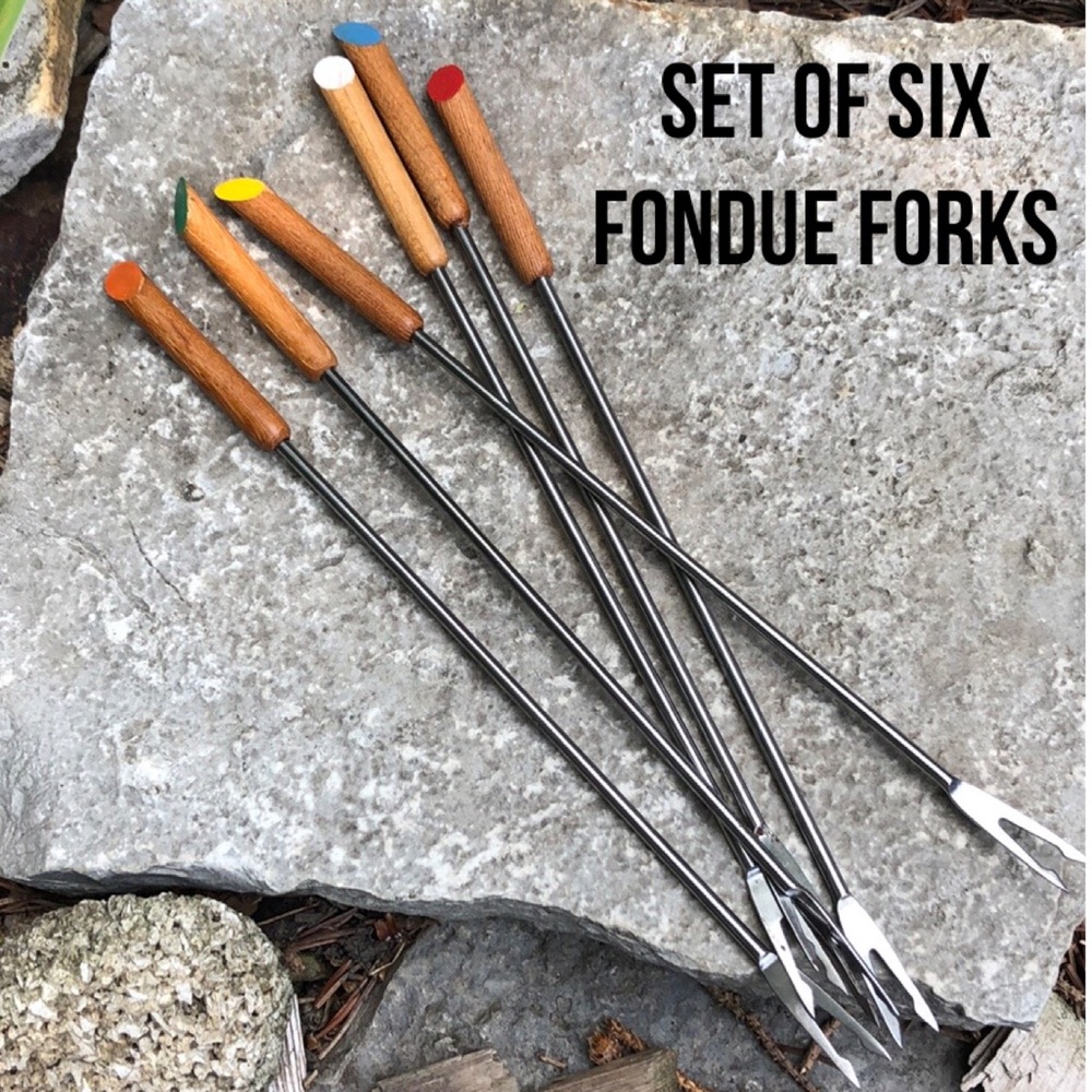 Set of Six Fondue Forks-Gently Used-Vintage Item-Wooden Handles